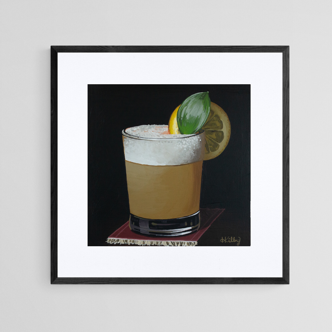 The original acrylic painting "Whiskey Sour" by Hannah Kilby from Hannah Michelle Studios, displayed as an 8x8" fine art print in a 12x12" sleek, black frame.