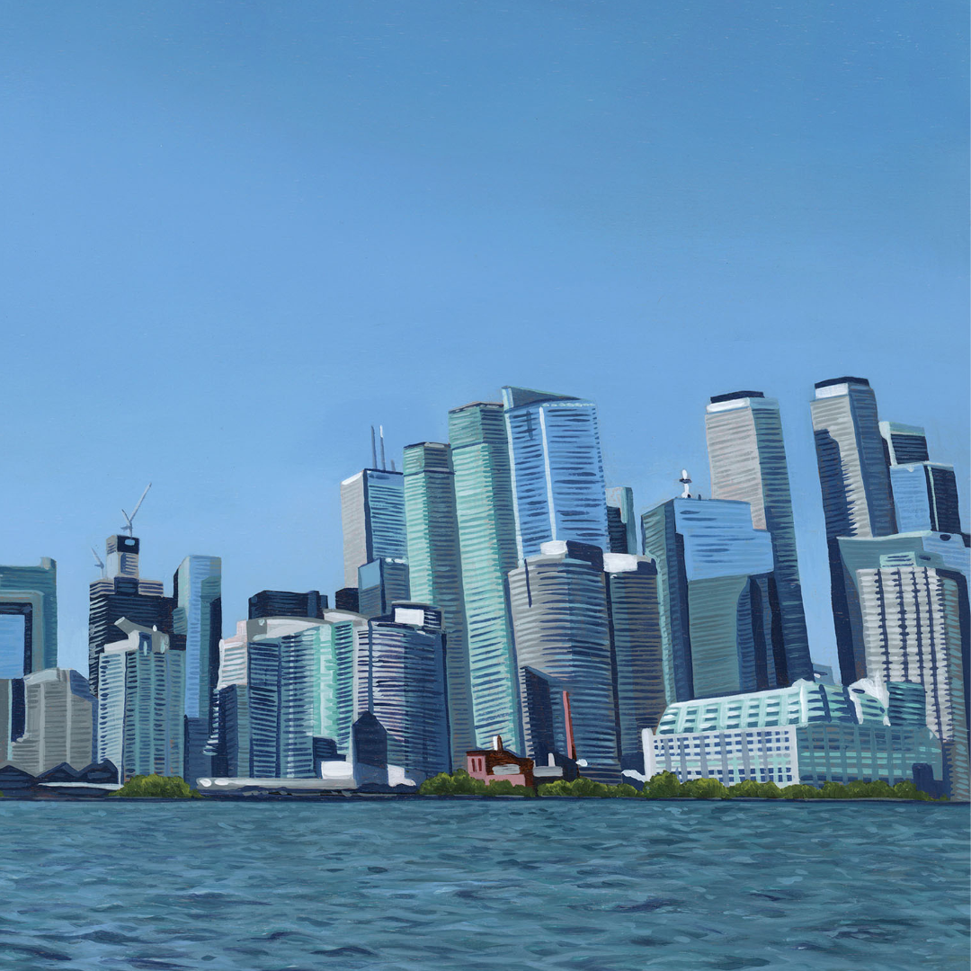 A close-up photograph of some of the finer details in the original painting “Descent Into Toronto" by Hannah Kilby from Hannah Michelle Studios.