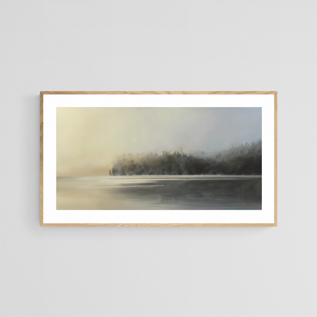 The original painting “Dayspring" by Hannah Kilby from Hannah Michelle Studios, displayed as a 12x24" fine art print in an oak frame.