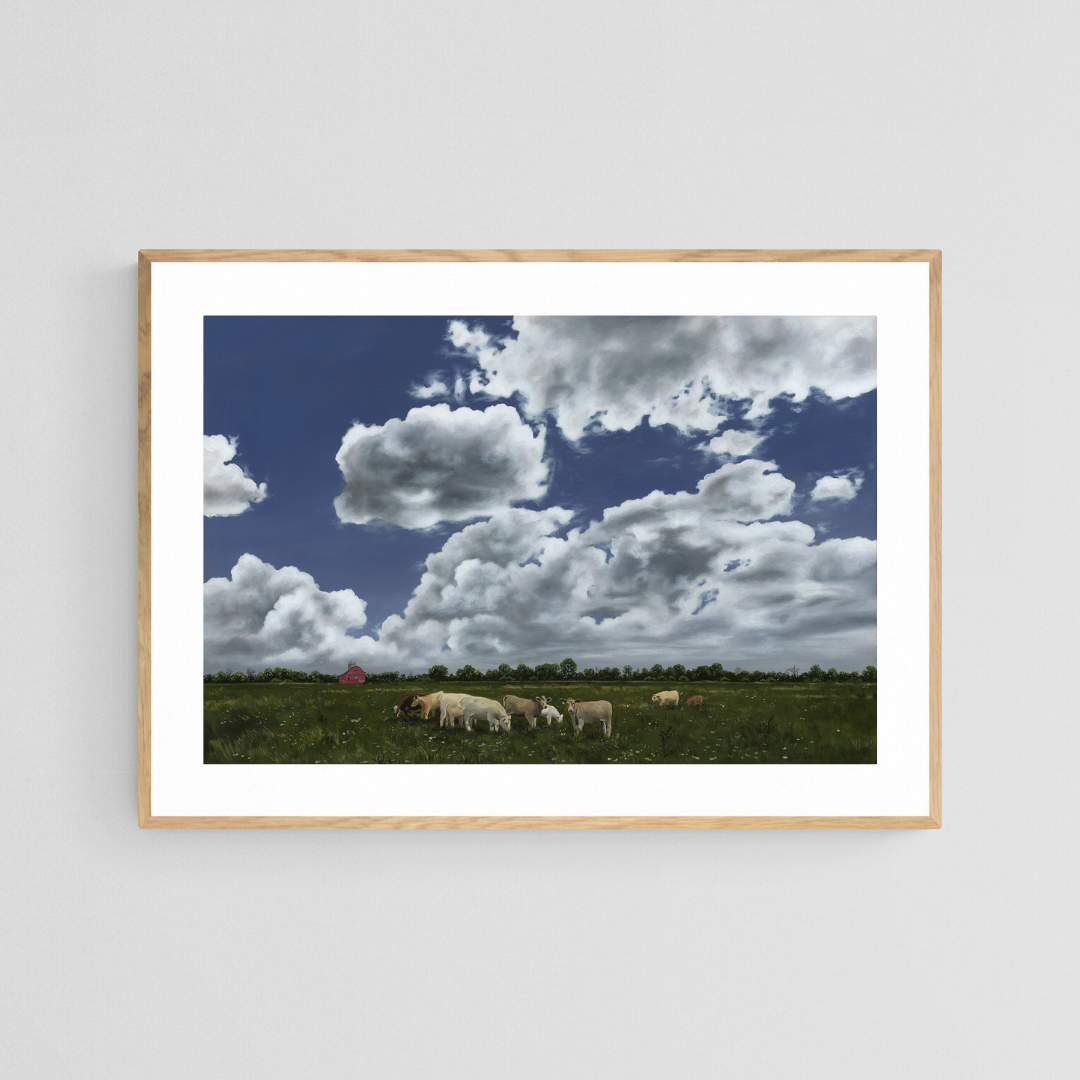 The original painting “Richmond Pastures" by Hannah Kilby from Hannah Michelle Studios, displayed as a 20x30" fine art print in an oak frame.