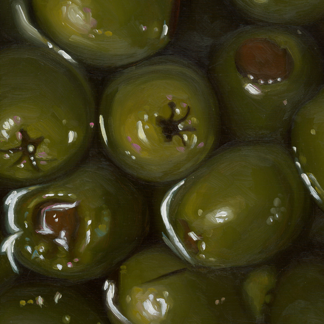 A close-up photograph of some of the finer details in the original painting "Green Olives" by Hannah Kilby from Hannah Michelle Studios.