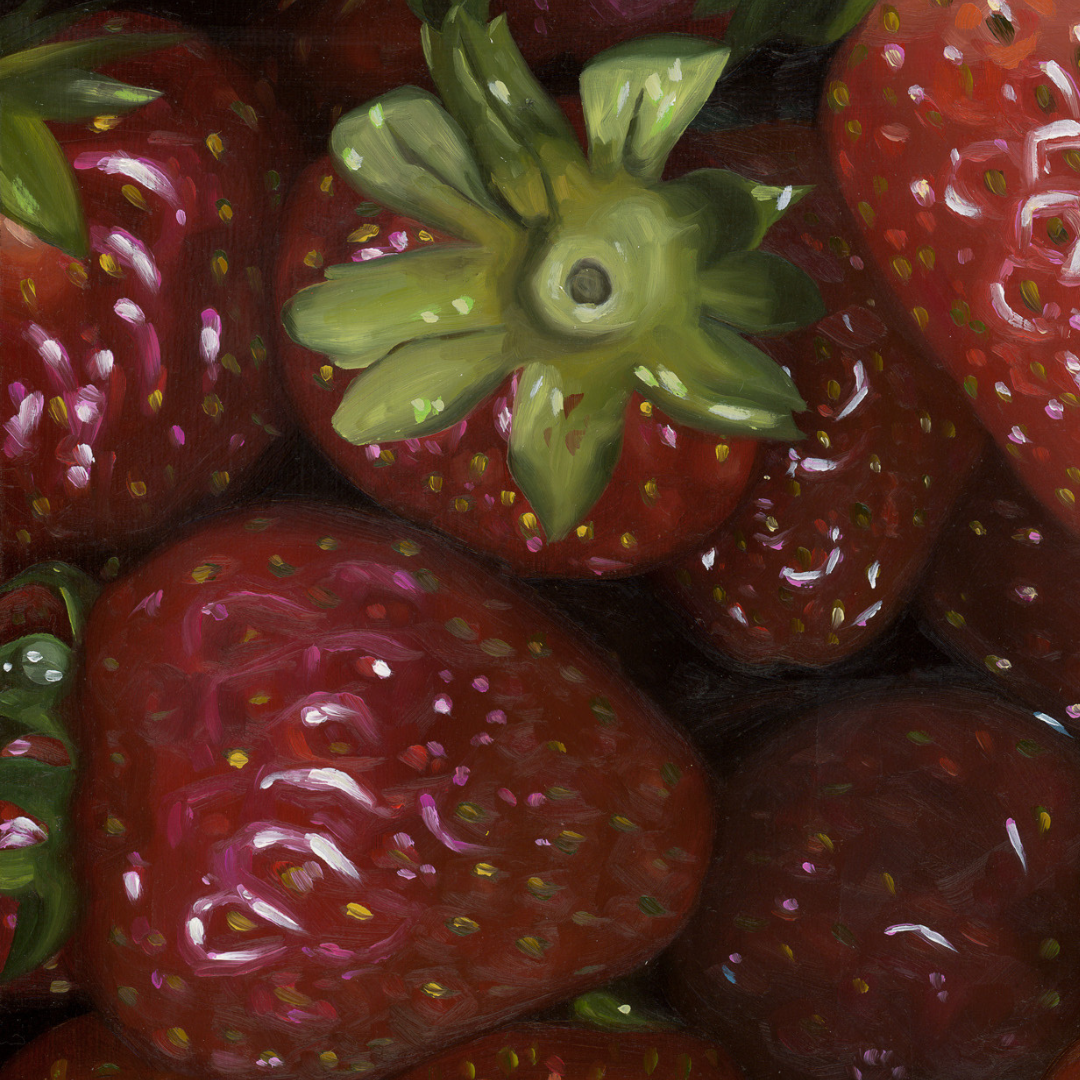 A close-up photograph of some of the finer details in the original painting "Strawberries" by Hannah Kilby from Hannah Michelle Studios.