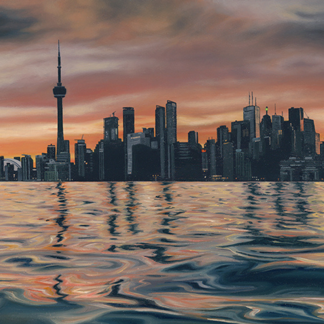A close-up photograph of some of the finer details in the original painting “Sundown In The 6ix" by Hannah Kilby from Hannah Michelle Studios.