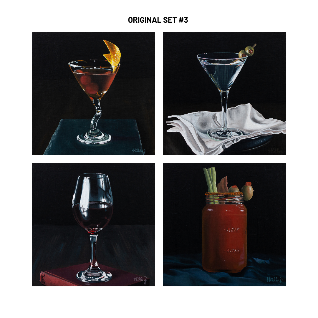 A set of four original cocktail paintings arranged as an ideal pairing, from left to right, clockwise there is Manhattan, Martini, Caesar and Red Wine.
