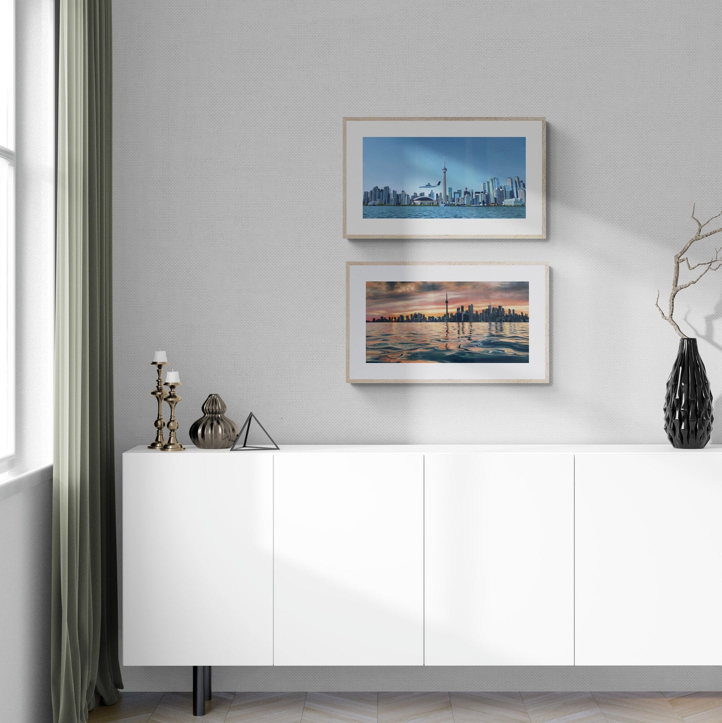 The original paintings “Descent Into Toronto" and “Sundown In The 6ix” by Hannah Kilby from Hannah Michelle Studios, displayed as fine art prints.