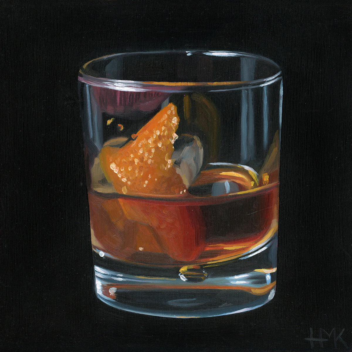 A square painting of a clear rocks glass filled with amber-brown liquor and an orange peel, set against a solid black background.