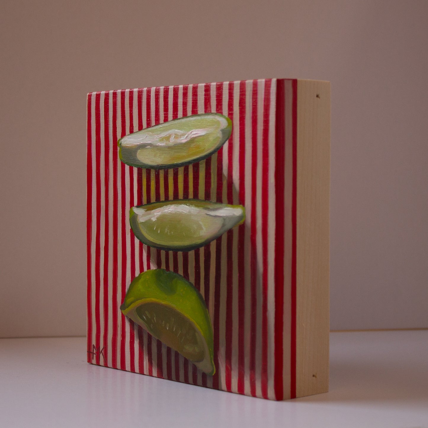 "Lime Wedges On Red Stripes" 6x6" Painting