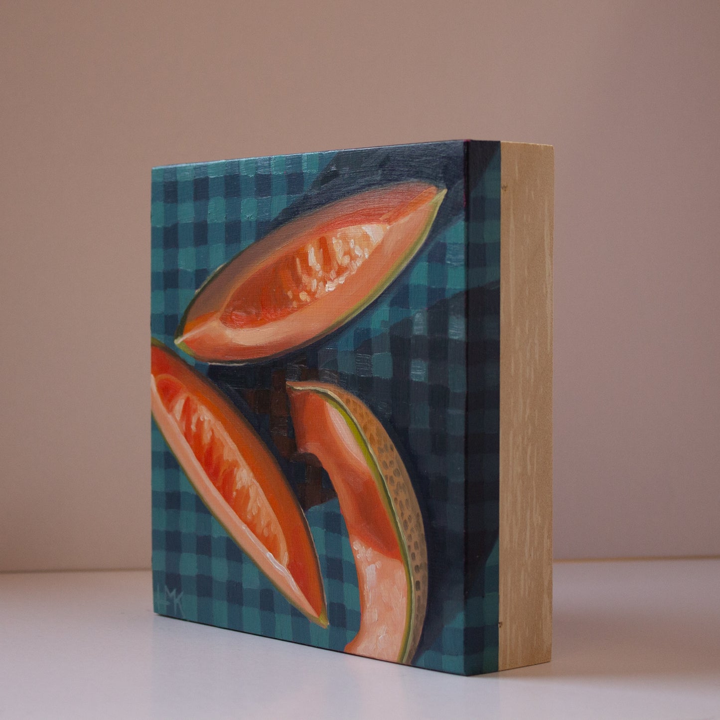 "Cantaloupe On Gingham" 6x6" Painting