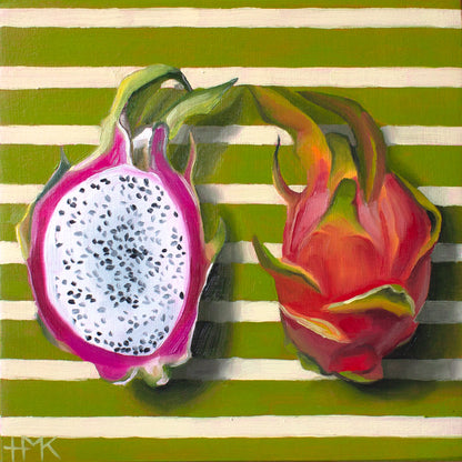 "Dragon Fruit On Green Stripes" Giclée