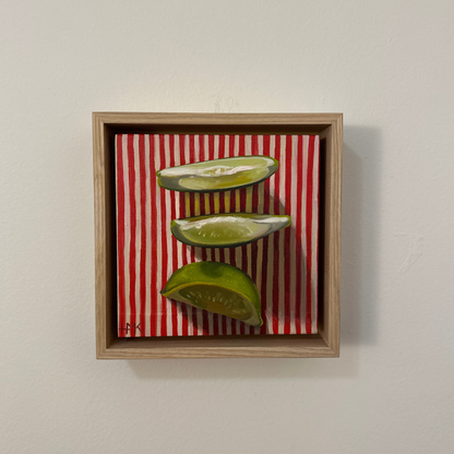 "Lime Wedges On Red Stripes" 6x6" Painting