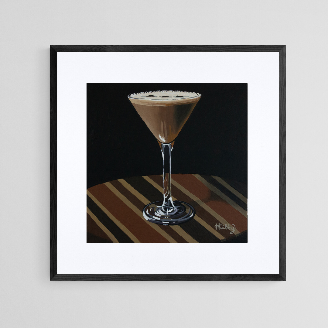 The original acrylic painting "Espresso Martini" by Hannah Kilby from Hannah Michelle Studios, displayed as an 8x8" fine art print in a 12x12" sleek, black frame.