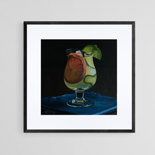 The original acrylic painting "Gin & Tonic" by Hannah Kilby from Hannah Michelle Studios, displayed as an 8x8" fine art print in a 12x12" sleek, black frame.