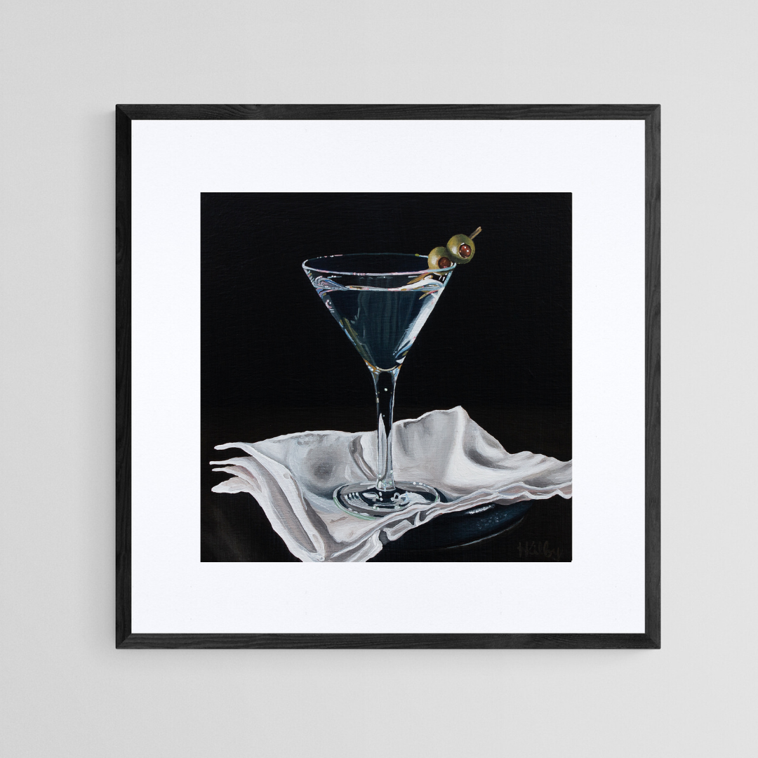 The original acrylic painting "Martini" by Hannah Kilby from Hannah Michelle Studios, displayed as an 8x8" fine art print in a 12x12" sleek, black frame.