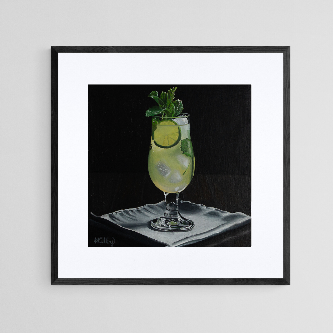 The original acrylic painting "Mojito" by Hannah Kilby from Hannah Michelle Studios, displayed as an 8x8" fine art print in a 12x12" sleek, black frame.