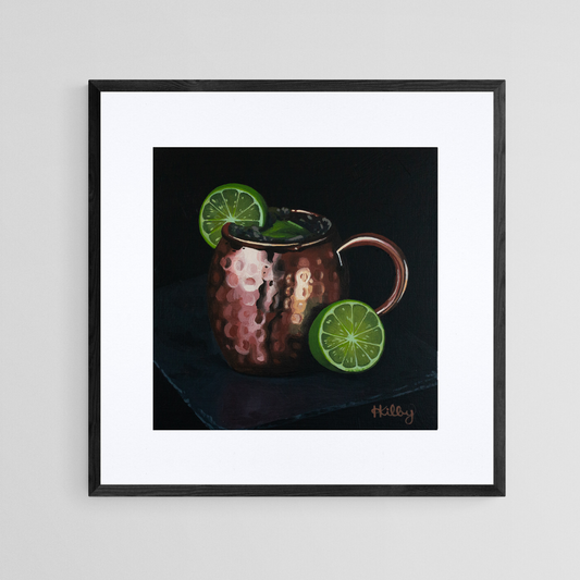 The original acrylic painting "Moscow Mule" by Hannah Kilby from Hannah Michelle Studios, displayed as an 8x8" fine art print in a 12x12" sleek, black frame.
