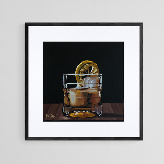 The original acrylic painting "Old Fashioned" by Hannah Kilby from Hannah Michelle Studios, displayed as an 8x8" fine art print in a 12x12" sleek, black frame.