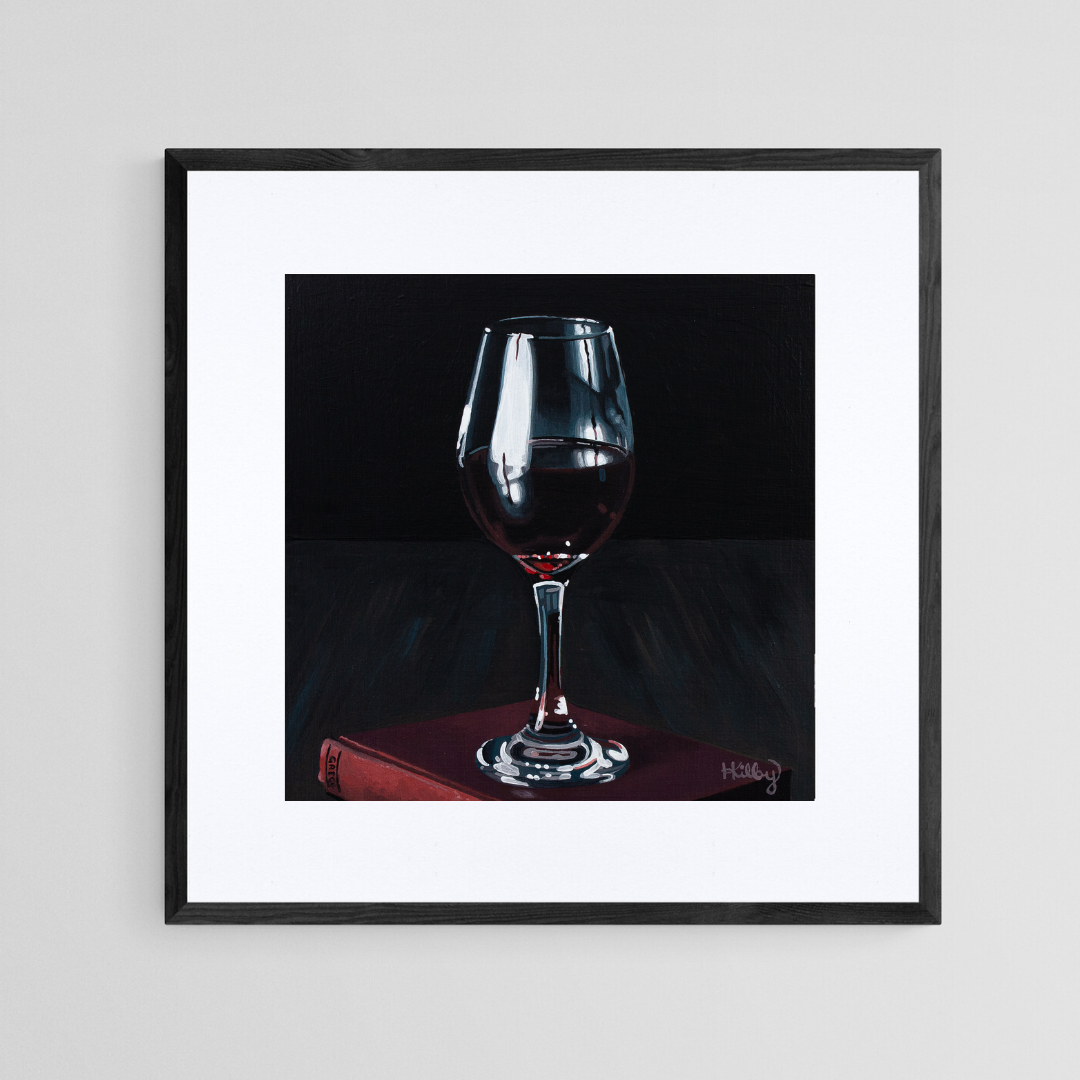 The original acrylic painting "Red Wine" by Hannah Kilby from Hannah Michelle Studios, displayed as an 8x8" fine art print in a 12x12" sleek, black frame.