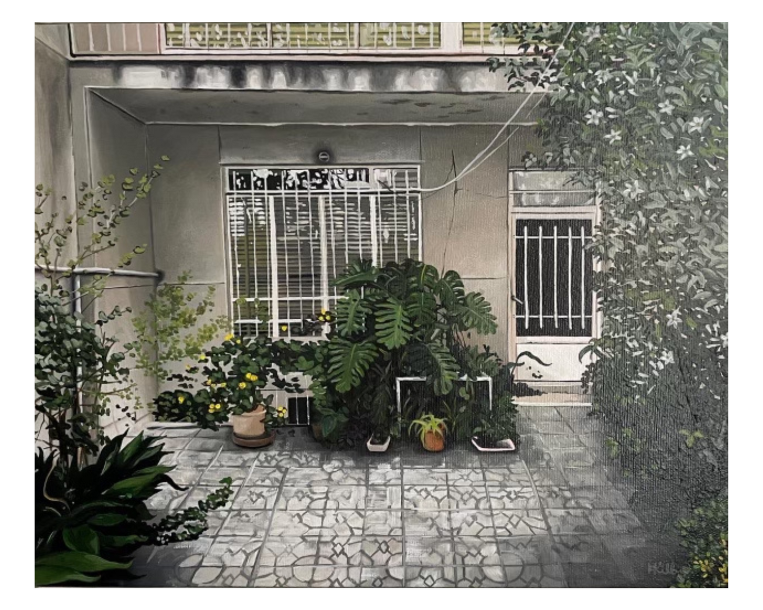 A commissioned painting of a tiled courtyard and porch area, verdant with potted plants and a fragrant Jasmine tree.