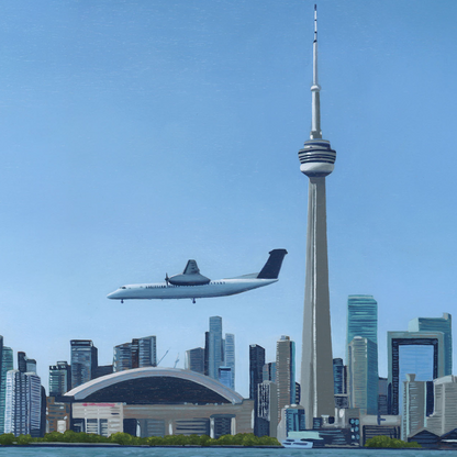 A close-up photograph of some of the finer details in the original painting “Descent Into Toronto" by Hannah Kilby from Hannah Michelle Studios.