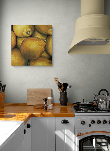The original painting "Lemons" by Hannah Kilby from Hannah Michelle Studios, displayed on a wall.