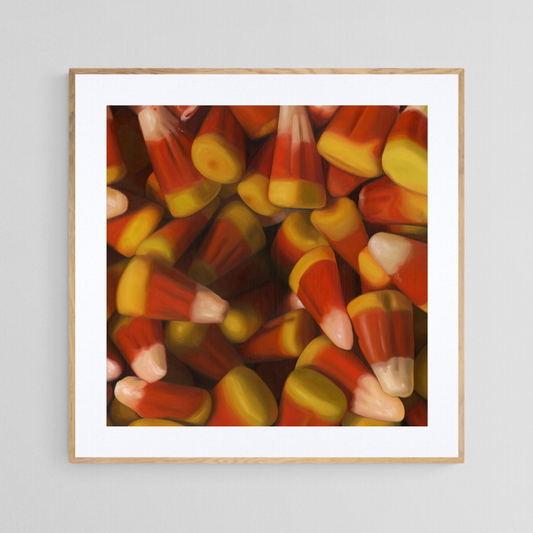 The original painting “Candy Corn" by Hannah Kilby from Hannah Michelle Studios, displayed as a 12x12" fine art print in a 16x16" oak frame.