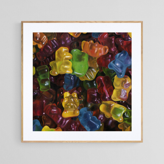 The original painting “Gummy Bears" by Hannah Kilby from Hannah Michelle Studios, displayed as a 12x12" fine art print in a 16x16" oak frame.