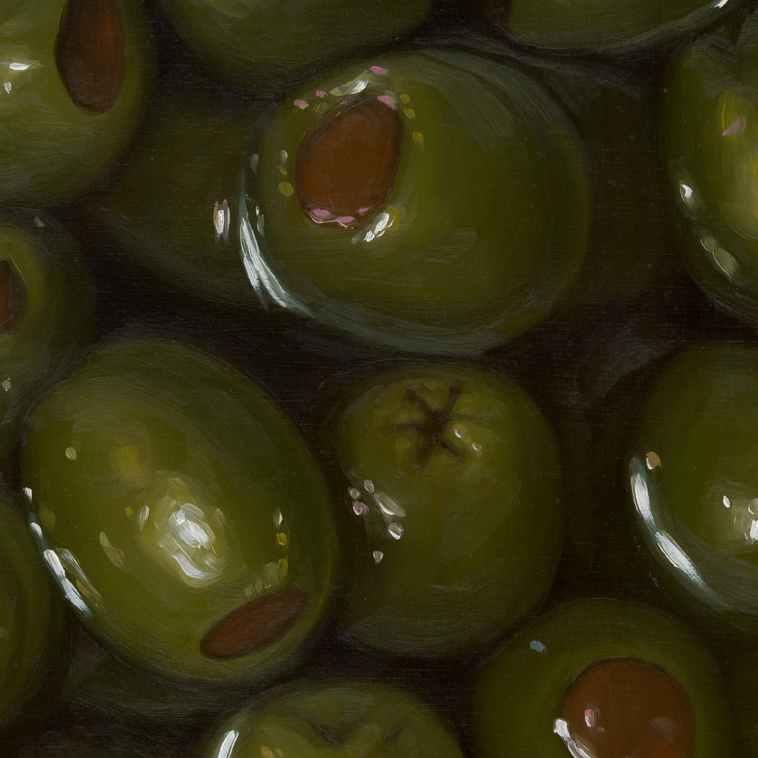 A close-up photograph of some of the finer details in the original painting "Green Olives" by Hannah Kilby from Hannah Michelle Studios.