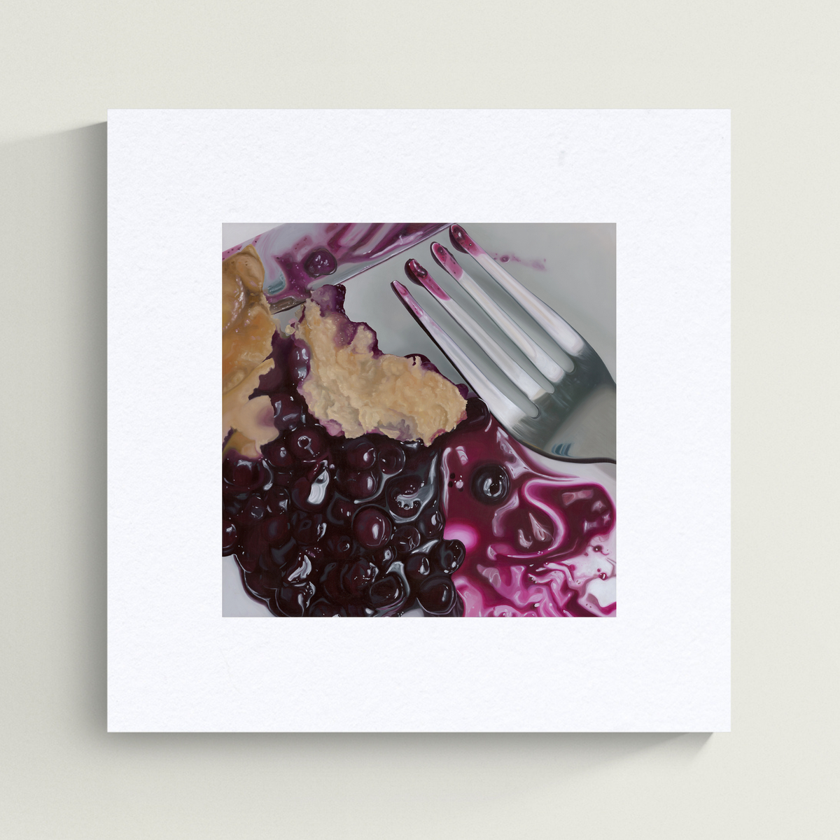 A square white art print featuring a close-up food painting of a blueberry pie slice with dark purple blueberry sauce and a fork, displayed against a light grey background.