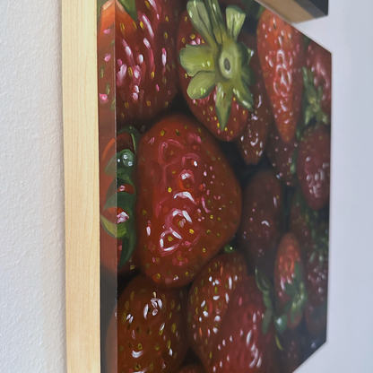 A close-up, edge view of the original painting "Strawberries" by Hannah Kilby from Hannah Michelle Studios.