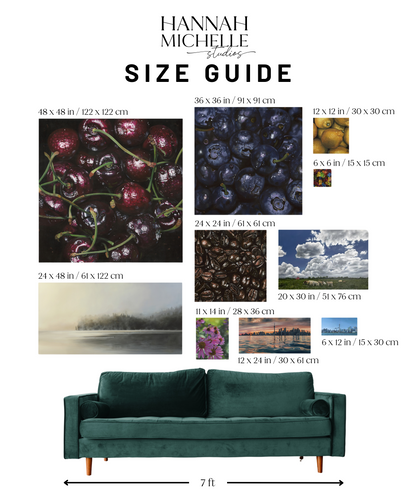 A print and painting size guide for Hannah Michelle Studios, displaying a variety of original paintings ranging from 48x48" to as small as 6x6", displayed above a 7' long green velvet couch.