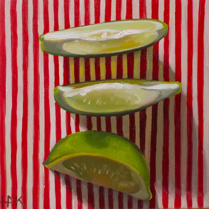 "Lime Wedges On Red Stripes" 6x6" Painting