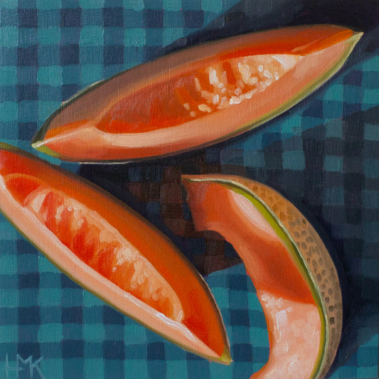 "Cantaloupe On Gingham" 6x6" Painting
