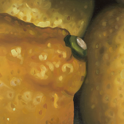 A close-up photograph of some of the finer details in the original painting "Lemons" by Hannah Kilby from Hannah Michelle Studios.