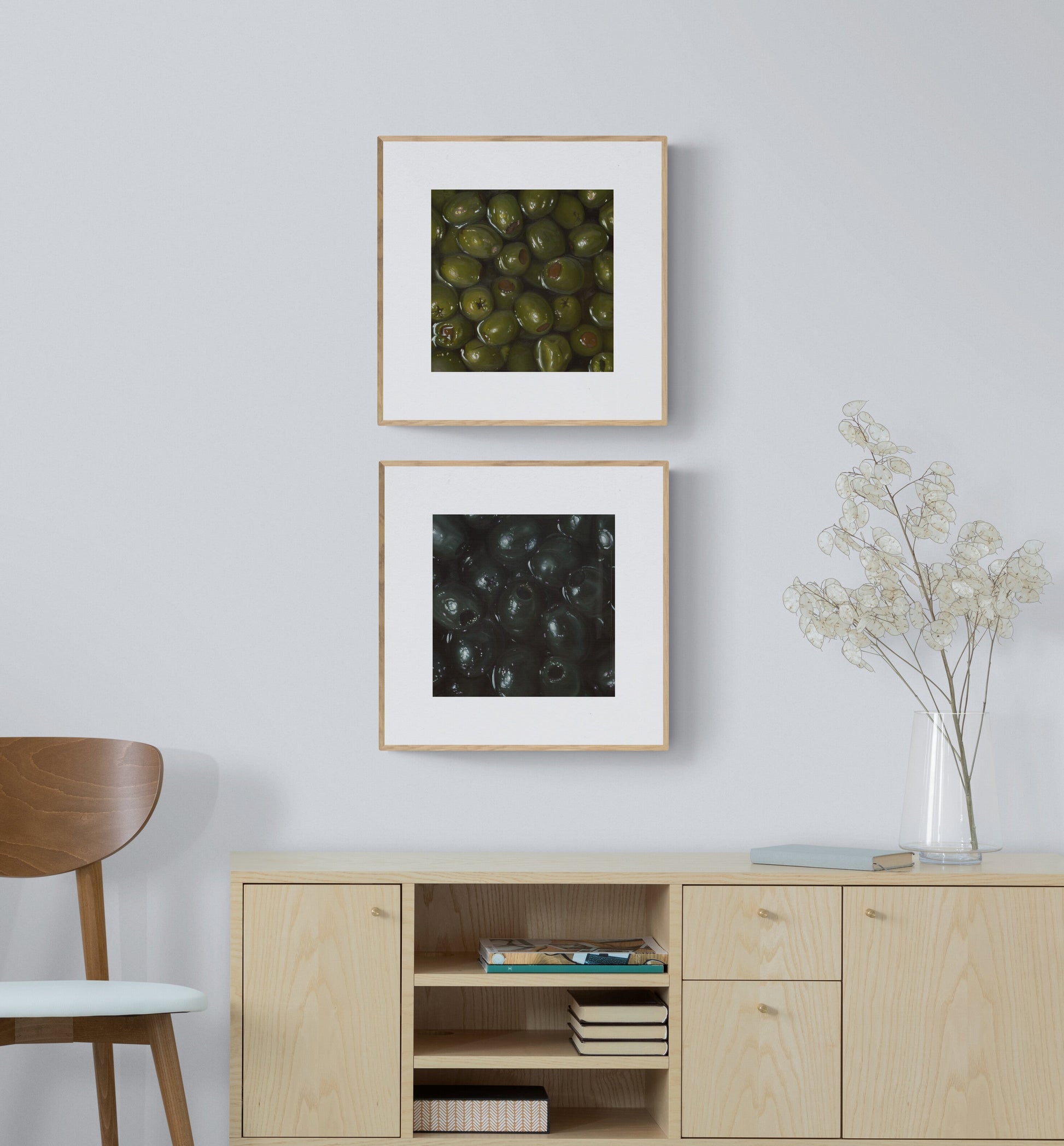 The original paintings “Green Olives” and “Black Olives” by Hannah Kilby from Hannah Michelle Studios, displayed as fine art prints.