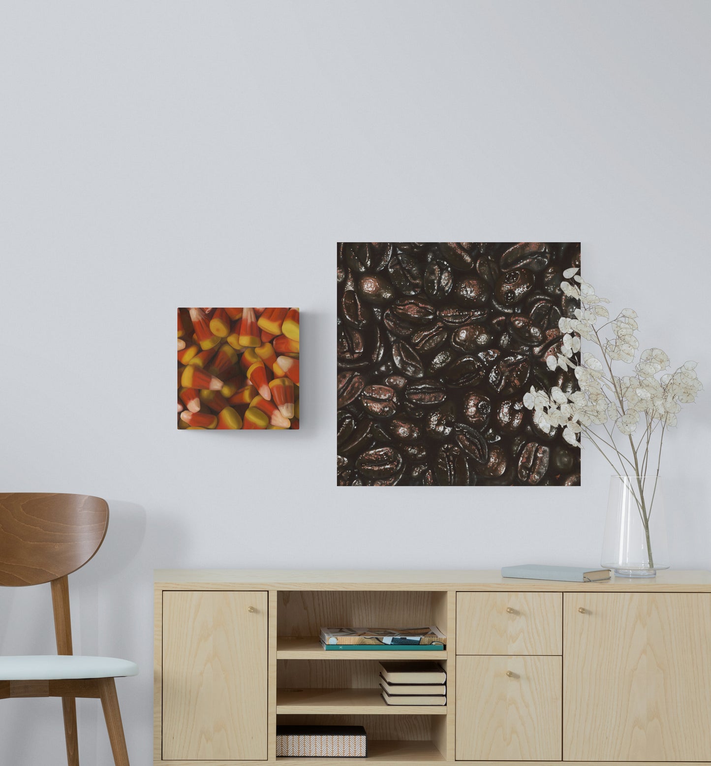 The original paintings “Coffee Beans" and "Candy Corn" by Hannah Kilby from Hannah Michelle Studios, displayed as a fine art prints.