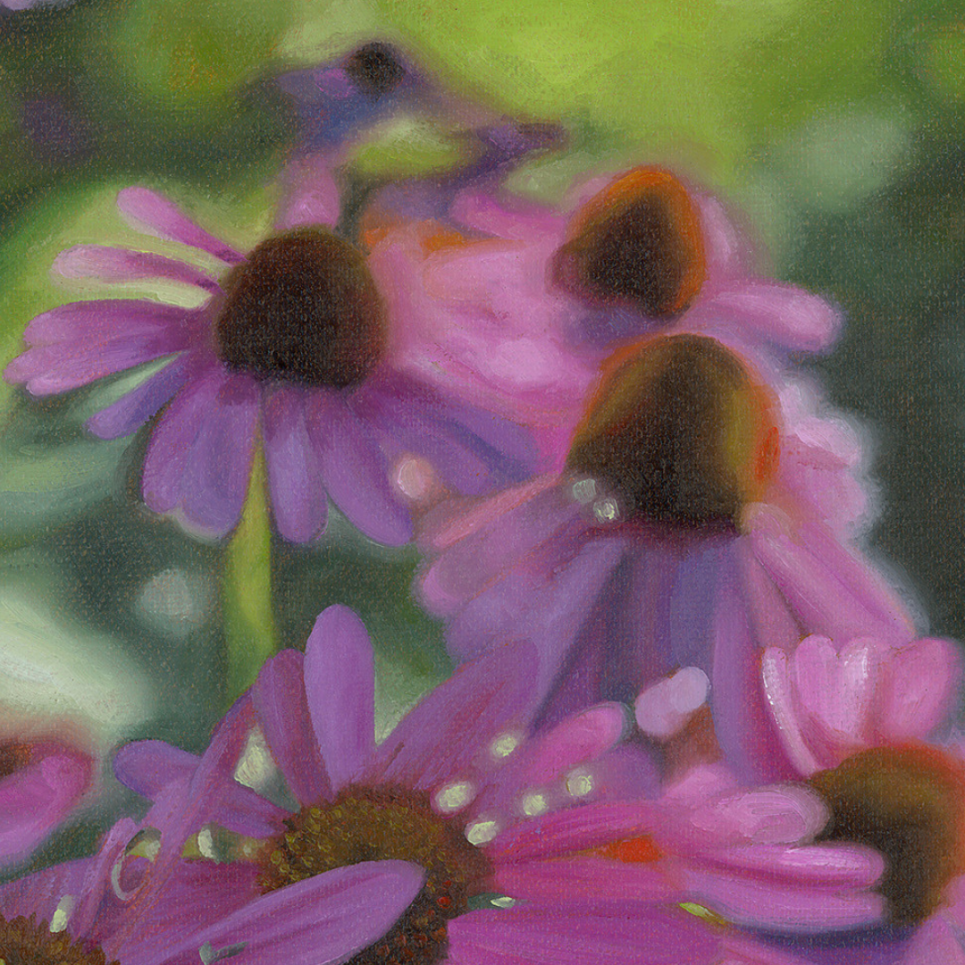 A close-up photograph of some of the finer details in the original painting “Mom’s Garden" by Hannah Kilby from Hannah Michelle Studios.