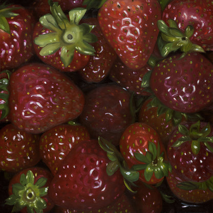 This is an original 12x12” acrylic and oil painting "Strawberries", the ninth painting in the Sustenance Series by Hannah Kilby from Hannah Michelle Studios.
