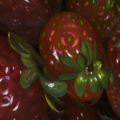 A close-up photograph of some of the finer details in the original painting "Strawberries" by Hannah Kilby from Hannah Michelle Studios.