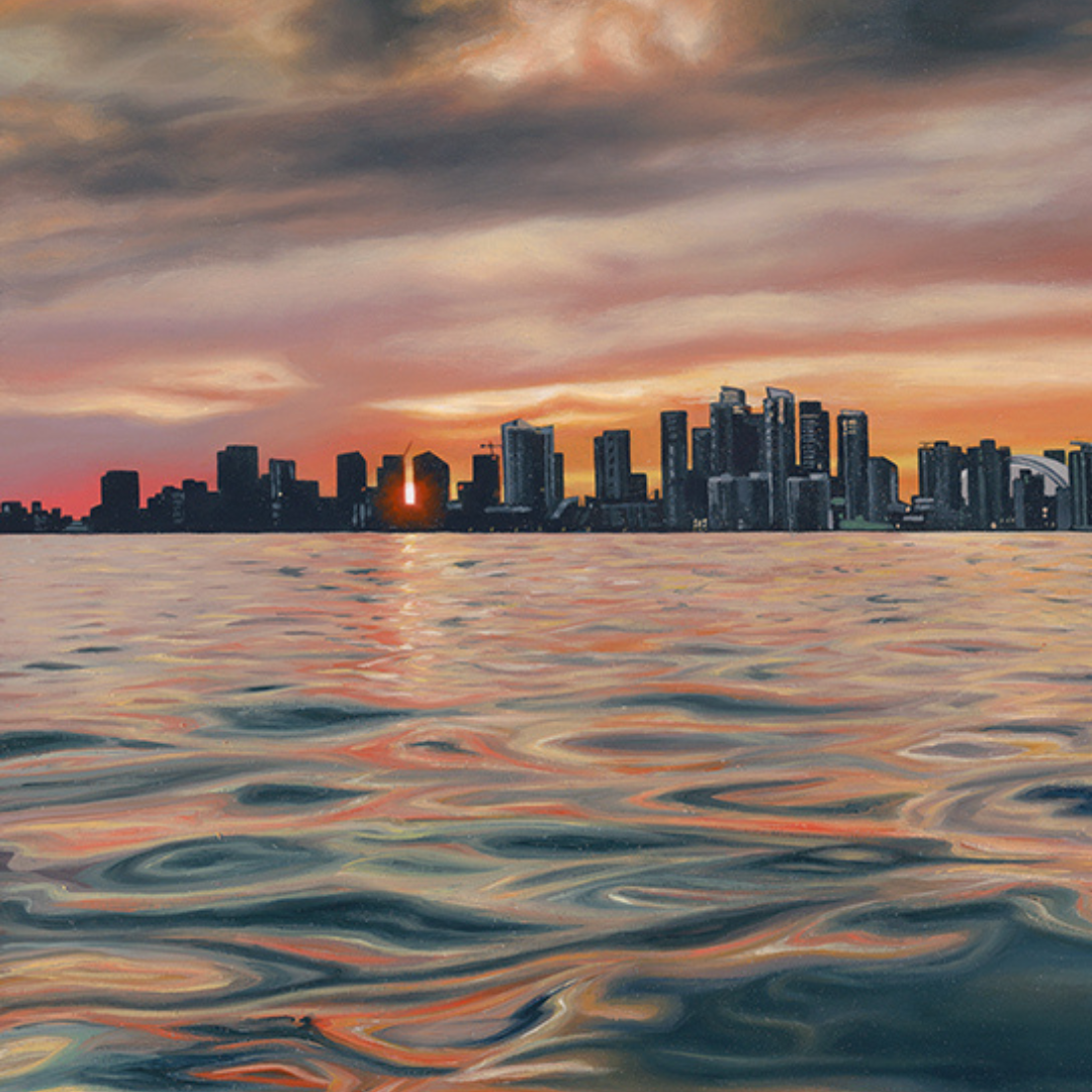 A close-up photograph of some of the finer details in the original painting “Sundown In The 6ix" by Hannah Kilby from Hannah Michelle Studios.