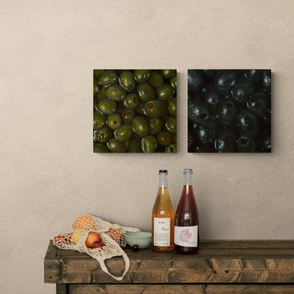 The original paintings “Green Olives” and "Black Olives" by Hannah Kilby from Hannah Michelle Studios, displayed on a wall.