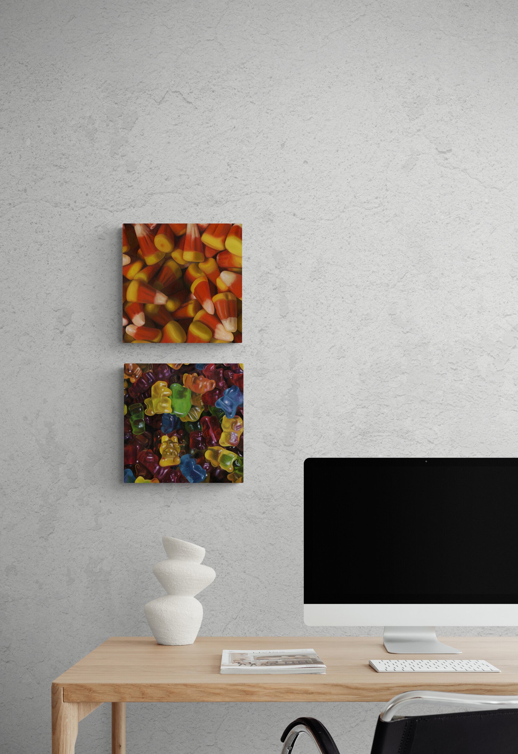 The original paintings “Candy Corn” and “Gummy Bears” by Hannah Kilby from Hannah Michelle Studios, displayed as fine art prints.