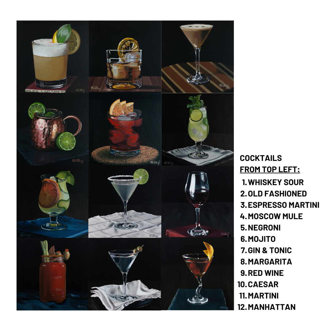 A set of 12 classic cocktail paintings organized in a 3x4 grid, arranging the cocktail series from first to 12th