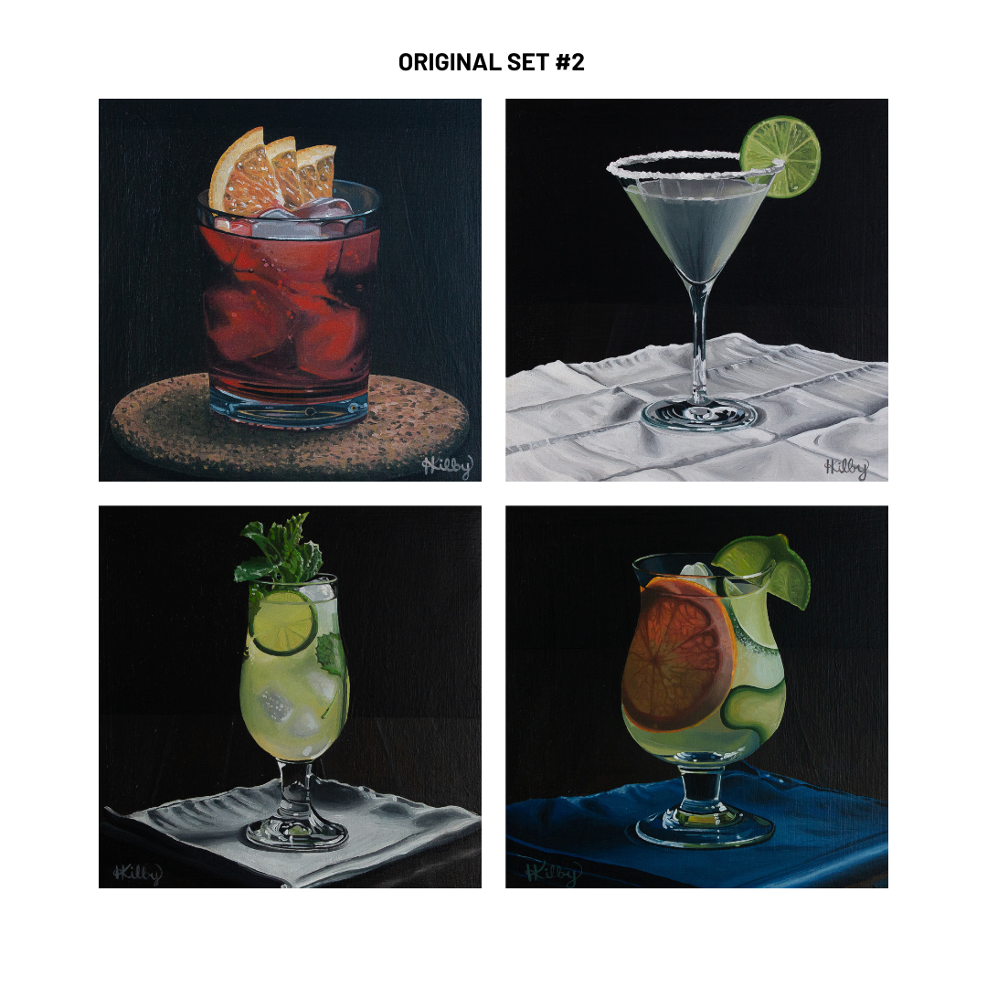 A set of four original cocktail paintings arranged as an ideal pairing, from left to right, clockwise there is Negroni, Margarita, Gin & Tonic and Mojito.