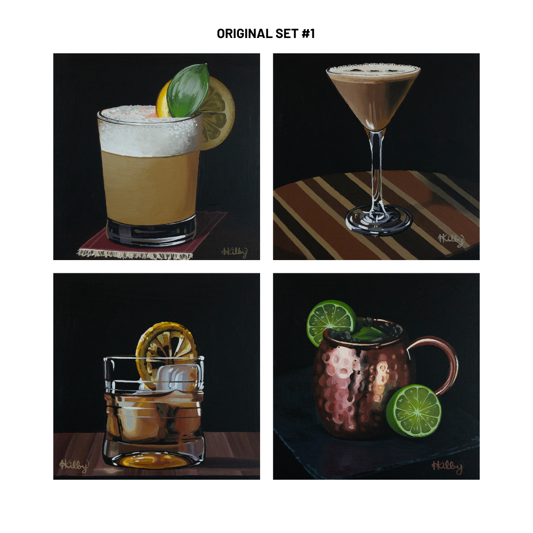 A set of four original cocktail paintings arranged as an ideal pairing, from left to right, clockwise there is Whiskey Sour, Espresso Martini, Moscow Mule and Old Fashioned.