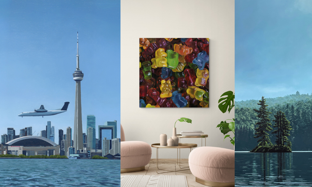A compilation of scenes from original paintings by Hannah Kilby, including "Descent Into Toronto" and "Tranquility", as well as a scene of "Gummy Bears" displayed on a wall next to some arm chairs and a table.
